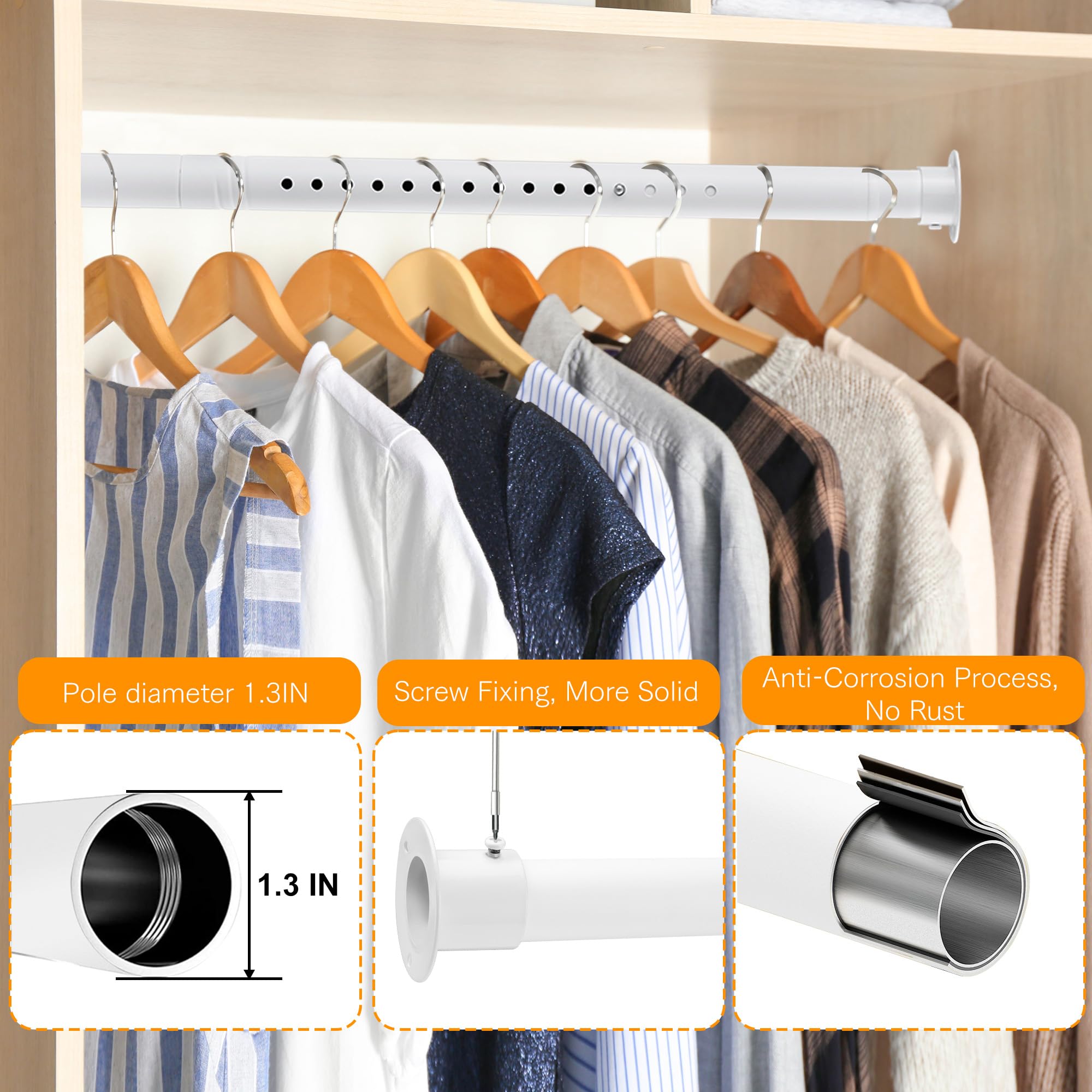 Closet Rod, 17 To 64 Inches Adjustable Closet Rods For Hanging Clothes Heavy Duty Closet Hanging Rod Metal White Rod For Closet,